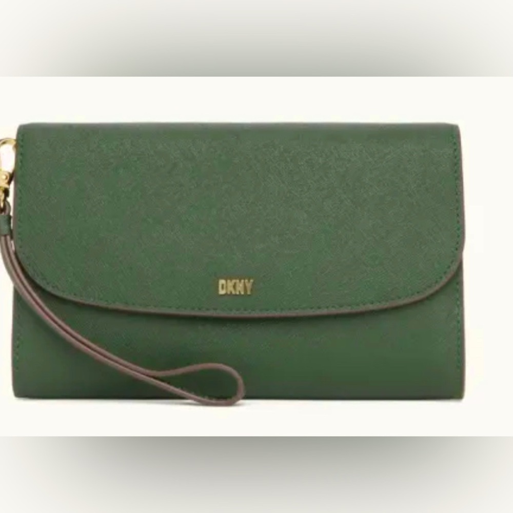 DKNY Sidney Wallet On A Chain / Green Saffiano Leather